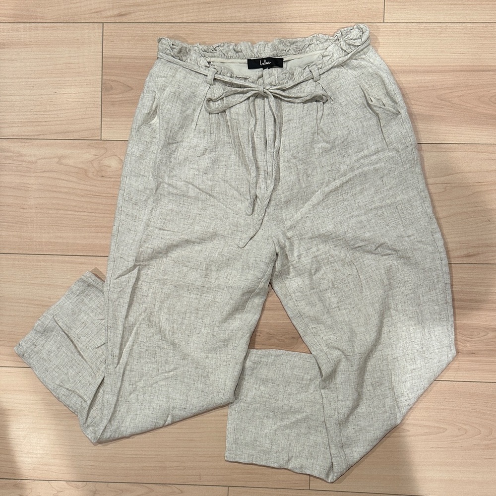 Lulu's Tie-Waist Linen Paper bag Straight leg Ankle Pants